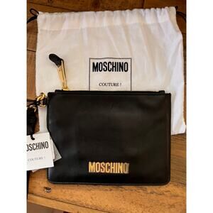 MOSCHINO Couture Logo Zip Pouch Wristlet Black Leather With Dust bag NWT
